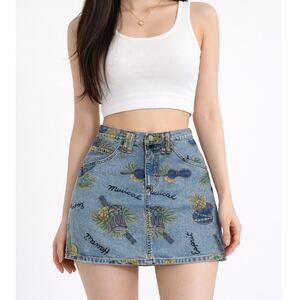 Vintage Y2K Esprit De Corps Hawaii Musical Ukelele Flowers Denim Skirt Size 27